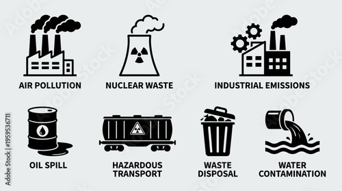Eight pollution hazard icons in grid, black outlines, labeled air pollution, nuclear waste, industrial emissions, oil spill, hazardous transport, waste disposal.