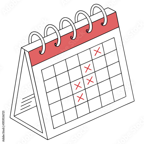 Desktop calendar with red crosses marking important dates and deadlines.
