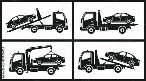 Four tow truck icons in black outlines, showing loading, carrying, lifting, and unloading cars, representing vehicle towing and roadside assistance.