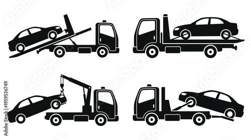 Four tow truck icons in black outlines, showing loading, carrying, lifting, and unloading cars, representing vehicle towing and roadside assistance.
