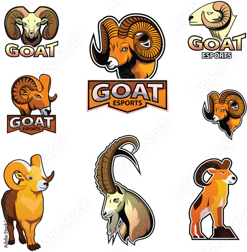 Set of goat and ram vector sport logo design elements, collection of mountain animal heads for esport and gaming team emblems