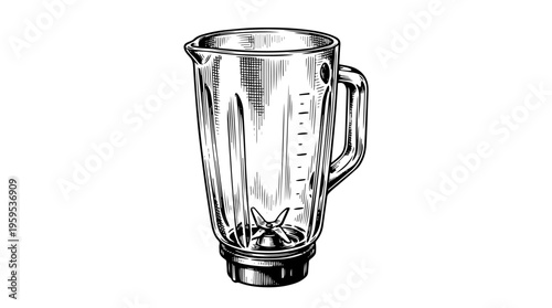 A precisely rendered graphic depiction of a transparent glass pitcher with measurement markings, showcasing its sturdy handle and faceted interior perfect for blending culinary creations