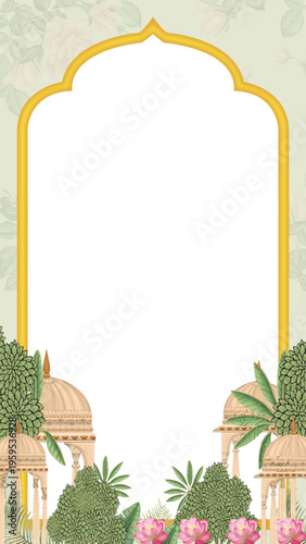 arch type floral plant and leaves traditional wedding invitation design indian style