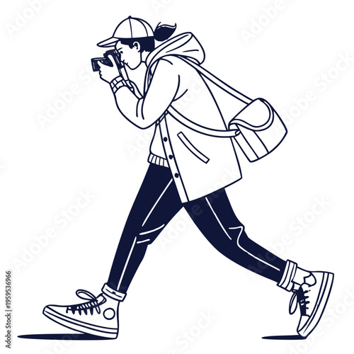 Young woman with camera and bag, walking and taking photos, vector illustration.