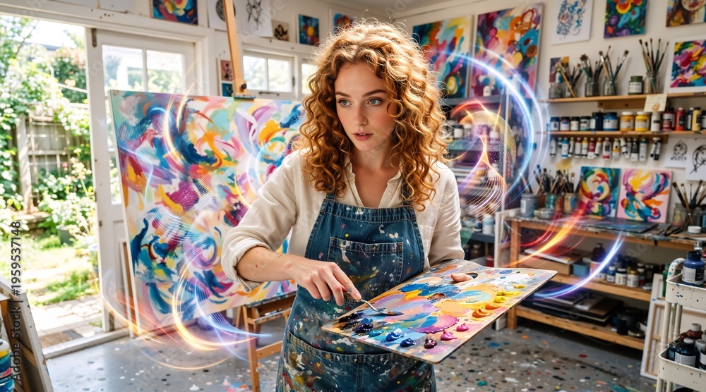 Fototapeta premium Young female artist with glowing light trails in an art studio. Synesthesia and neurodiversity concept. Creative woman holding a paint palette and visualizing colors