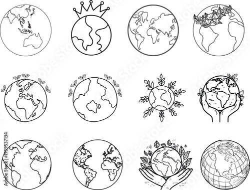 Artistic globe illustrations: hand-drawn earth variations with natural accents and protective hands with earth day