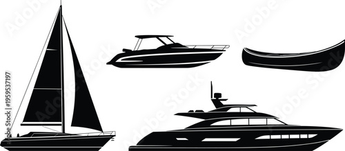 Silhouette illustration of sailboat, motorboat, canoe and yacht watercraft showing diverse marine vessel designs for nautical vector artwork