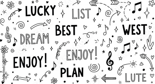 Hand drawn doodle elements with lettering words lucky list dream enjoy plan music notes arrows stars vector illustration black white