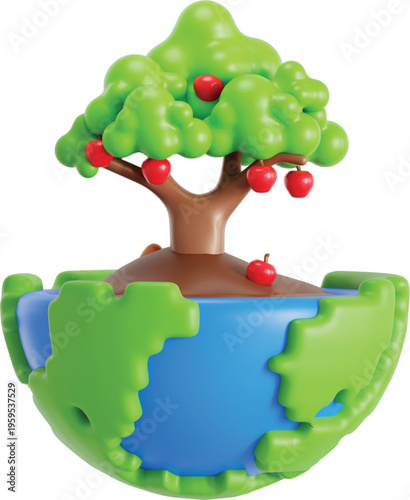 3D rendering of apple tree on earth fragment: lush green tree with red apples on a world globe base with tree trunk