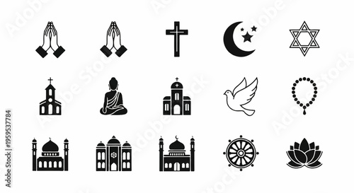 Diverse religious symbols and icons for faith spirituality and cultural diversity on white background