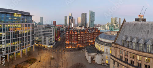 Panorama of St Peter's Square and Central Library in Manchester at Dawn. 