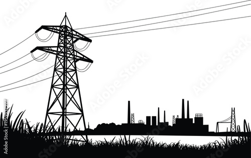 Silhouette of industrial landscape with electrical transmission tower, power lines, factory buildings, smokestacks and grass foreground vector illustration design