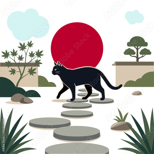 Minimalist vector of a black cat walking on stepping stones in a Japanese Zen garden with red sun
