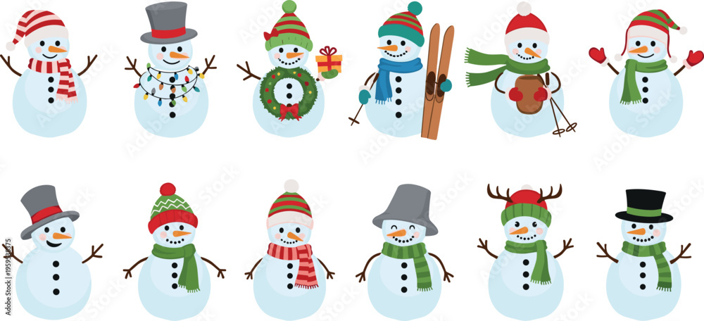 Naklejka premium Cute snowman characters set with winter accessories hats scarves skis gifts festive cartoon vector illustration christmas holiday collection isolated design
