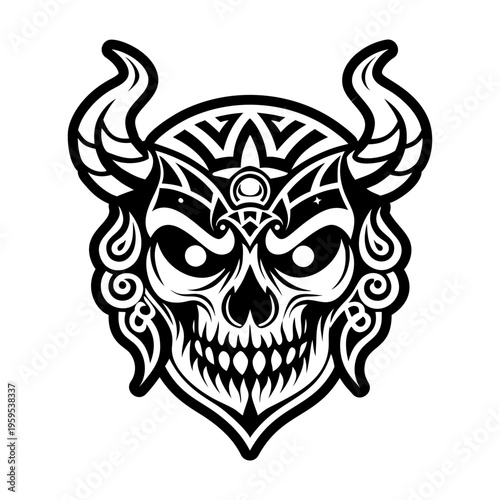 A glyph style icon of horned skull symbol