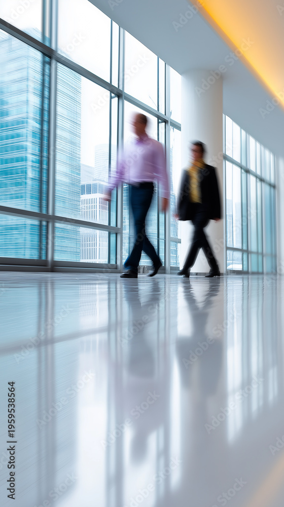 Fototapeta premium Blurred business people walking in modern office corridor representing corporate environment and dynamic workflow.