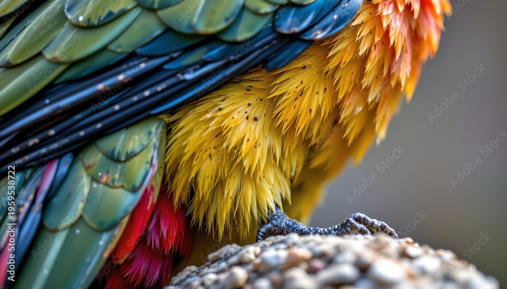 Obraz premium The image displays a close up of a vibrantly colored bird, focusing on its plumage and part of its foot resting on a textured surface