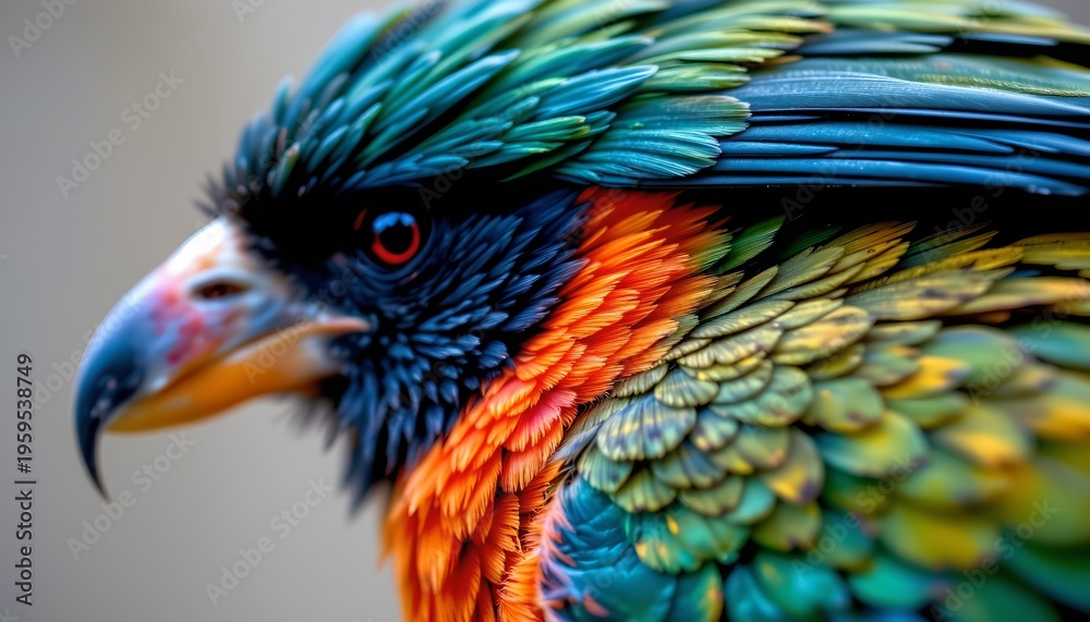 Fototapeta premium The image features a close up of a vibrantly colored bird with an array of iridescent feathers. Its head is turned to the side, showcasing a sharp, curved beak and a striking red eye