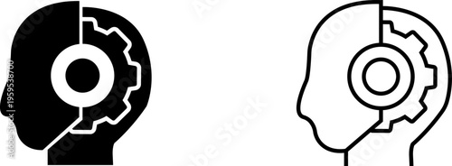 Icon representing human and robot connection and interaction with a gear in a head shape showing technology influence