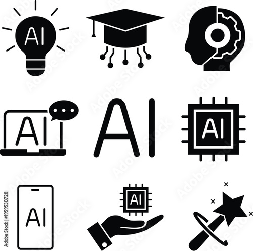 Tech icons showing various aspects of artificial intelligence in a simple design with symbols for creativity, learning, and communication