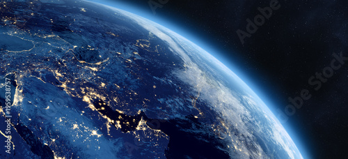 Planet Earth at night with contries, cities and street light in space. Middle East. UAE, Iran, Saudi Arabia, Oman, Israel, Pakistan, Arabian Peninsula. Asia. 