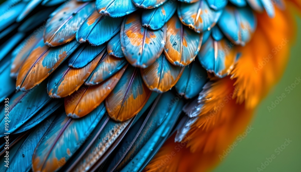 Obraz premium The image showcases a close up view of a bird's plumage, highlighting an intricate array of feathers with vibrant colors