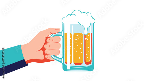Human hand firmly holding a large glass mug of cold beer topped with thick white foam, perfect for pub, bar, or celebration-themed designs.