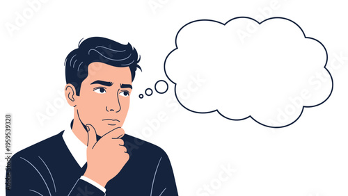 Thoughtful businessman in a dark suit with his hand on his chin and a large empty speech bubble, illustrating a moment of deep contemplation.