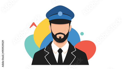 Professional pilot avatar wearing a dark blue uniform and a peaked officer cap, set against a colorful abstract background for a modern profile.