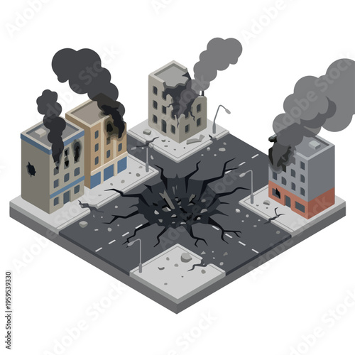 vector isometric city road conditions damaged by missile attacks 2