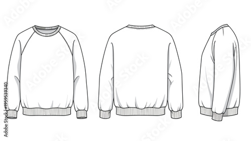 White sweatshirt technical sketch showing front, back, and side profile views with ribbed cuffs and hem, designed for apparel manufacturing templates.
