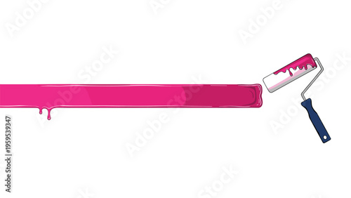 Paint roller applying a thick horizontal stripe of vibrant pink paint across a white surface, illustrating home renovation, decorating, or creative.