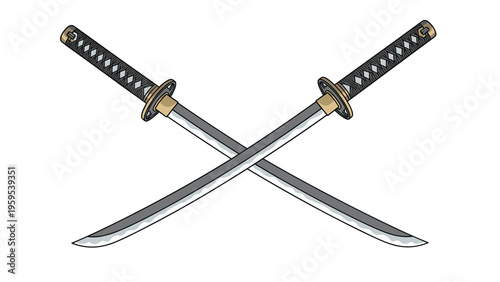 Two traditional Japanese samurai swords crossed over each other, featuring detailed handles and sharp curved blades, symbolizing honor and strength.