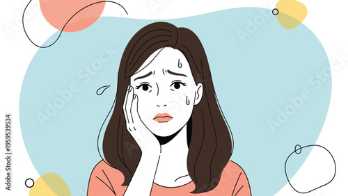 Stressed woman touching her face with an anxious expression and sweat drops, illustrating worry, pressure, or physical discomfort in a flat style.