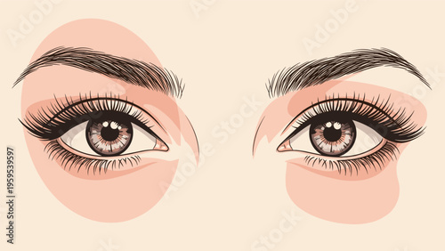 Realistic close-up illustration of beautiful female eyes with long eyelashes and well-defined eyebrows, set against a soft skin-toned background.