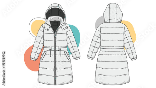 Long white puffer coat mockup featuring front and back views with a hood and belted waist, perfect for winter fashion and outdoor apparel design.
