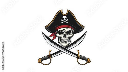 Pirate skull wearing a tricorn hat with a red headband and eye patch over crossed cutlass swords, symbolizing adventure and maritime history.