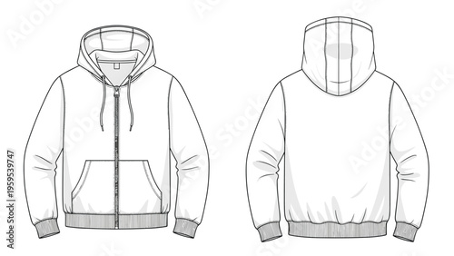 White zip-up hoodie mockup set showing front and back views with a pocket and adjustable drawstring, ideal for casual and streetwear brands.