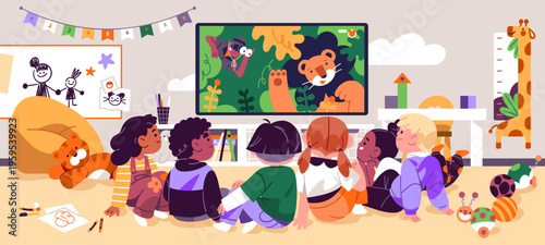 Curious kids are watching TV show about animals in nursery. Cute little girls and boys watch television together. Group of children has fun in kindergarten with cartoons. Flat vector illustration