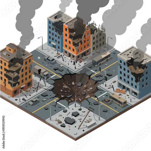 vector isometric city road conditions damaged by missile attacks 01