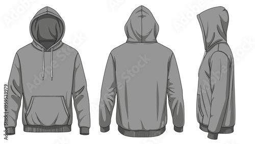 Grey hooded sweatshirt technical sketch showing front back and side views for clothing design and manufacturing purposes.