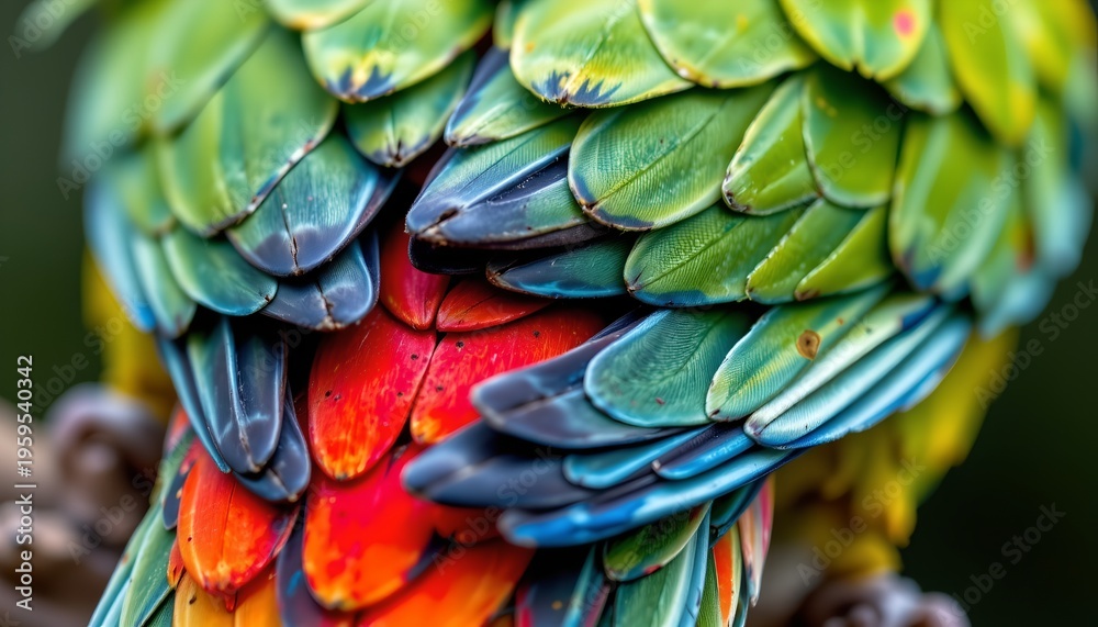 Obraz premium The image features a close up view of a colorful, feathered bird with a vibrant array of plumage