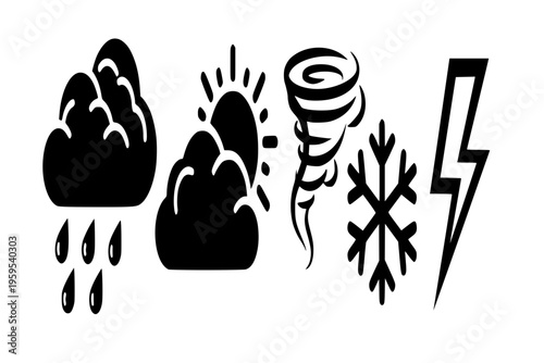 Weather Forecast Icons Set Rain Sun Tornado Snowflake Lightning Storm Black Vector Silhouette