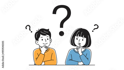 Young boy and girl in cartoon style thinking deeply with question marks above their heads representing curiosity and problem solving.
