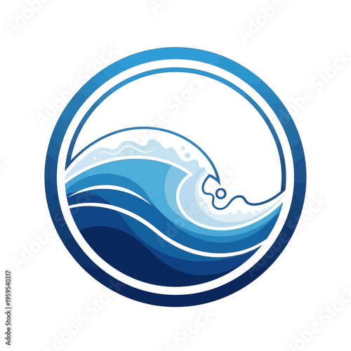 Dynamic blue ocean wave cresting within a sleek circular frame, depicting fluid motion and aquatic power. An abstract emblem symbolizing water, energy, and natural flow