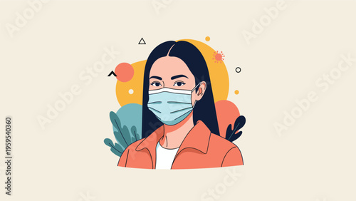 Illustration of a young woman with long dark hair wearing a blue surgical mask for health protection and safety awareness.