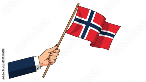 Hand in a dark blue suit holding a flagpole with the Norwegian national flag waving against a white background for international themes.