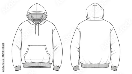 Technical flat sketch of a white hooded sweatshirt with a kangaroo pocket shown from front and back views for fashion design.