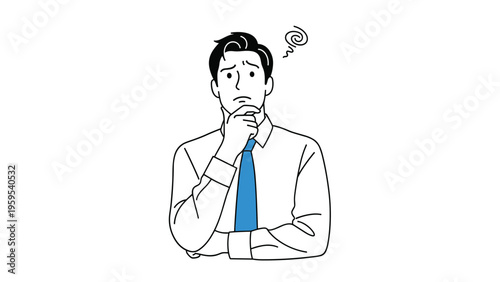 Nervous businessman in a white shirt and blue tie looking confused with a swirl symbol above his head for stress concepts.