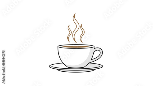 Simple illustration of a white ceramic cup filled with hot brown coffee or tea on a saucer with rising steam wisps.